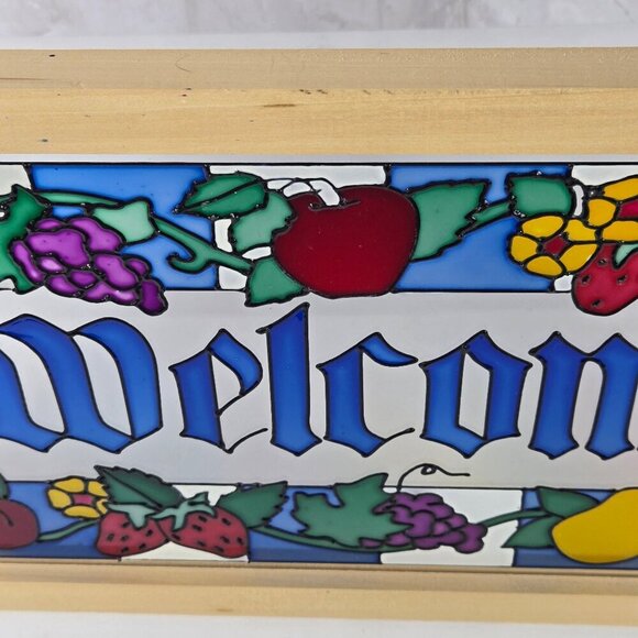 "Welcome" Sign Painted Glass Fruit Motif Wooden Frame Kitchen Indoors Outdoors - Picture 4 of 8